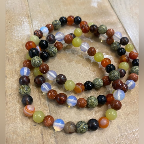 Multi color hard stone beaded intertwined bracelet stretch Opal onyx - Picture 4 of 10